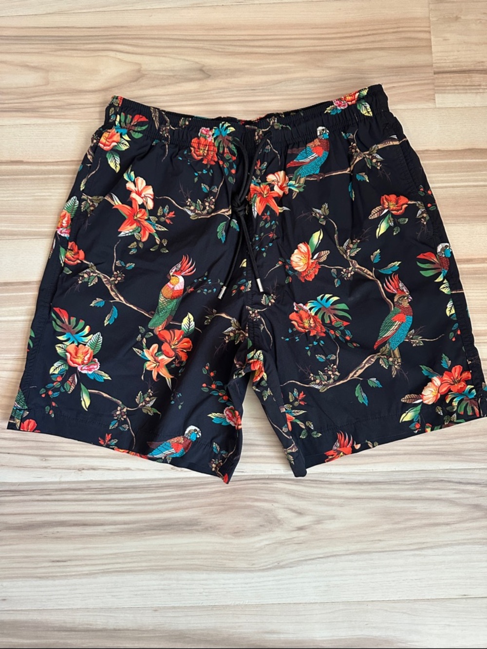 Express Black Swim Trunks with Tropical Parrot & Floral Print